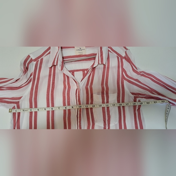 American Eagle Red and White Striped Oversized Fit Button Down Shirt Size M - Picture 5 of 8